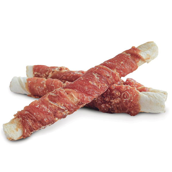 Gâteries pour chien Snack Bar torsades de cuir brut et poulet, grande, paquet de 4 - Animatout