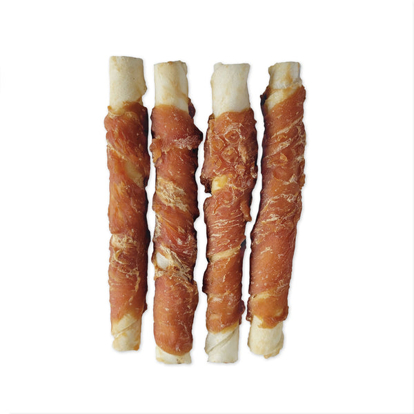 Gâteries pour chien Snack Bar torsades de cuir brut et poulet, grande, paquet de 4 - Animatout