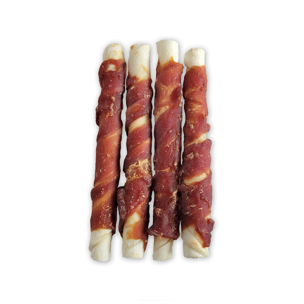Gâteries pour chien Snack Bar torsades de cuir brut et canard, grande, paquet de 4 - Animatout
