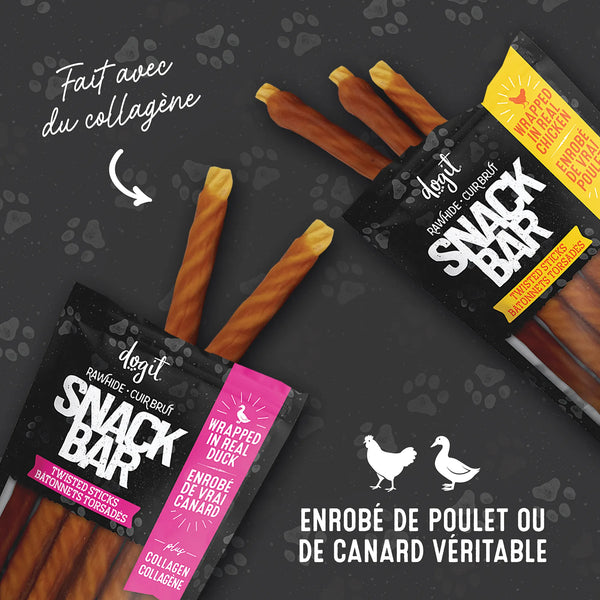 Gâteries pour chien Snack Bar bâtonnets, peau de bœuf, collagène et canard, paquet de 6 - Animatout