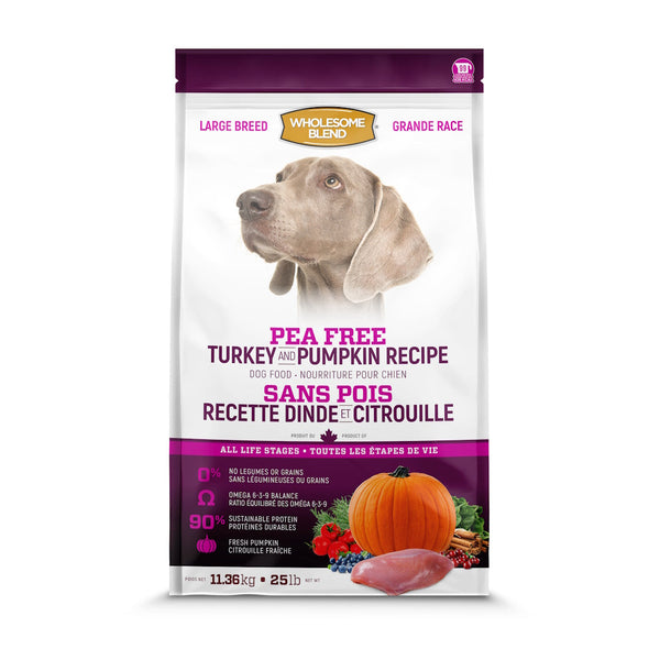 Nourriture chien grande race, sans pois, dinde/citrouille 11.36 kg