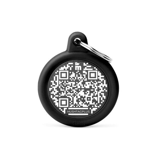 Médaille Hushtag Plus Code QR Cercle Noir en Aluminium avec Caoutchouc