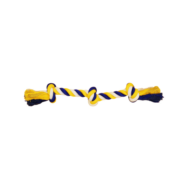 Jouet de corde pour chien, avec 3 noeuds - large, bleu et jaune