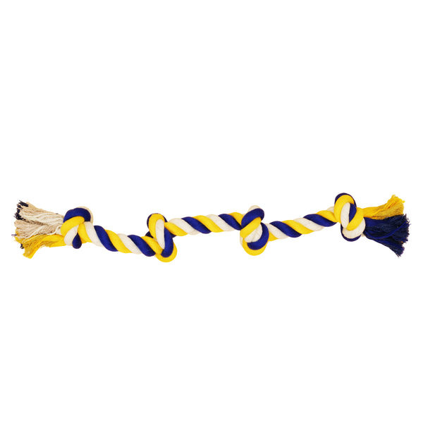 Jouet de corde pour chien, avec 4 noeuds - large, bleu et jaune