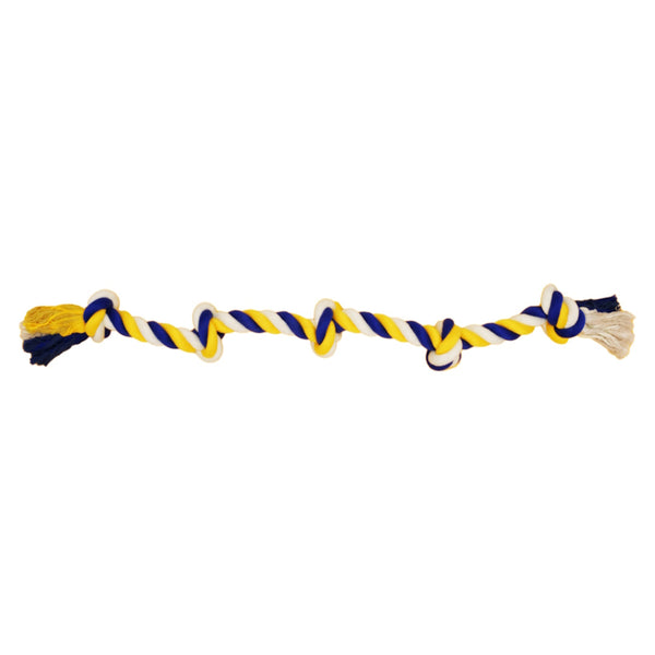 Jouet de corde pour chien, avec 5 noeuds - large, bleu et jaune
