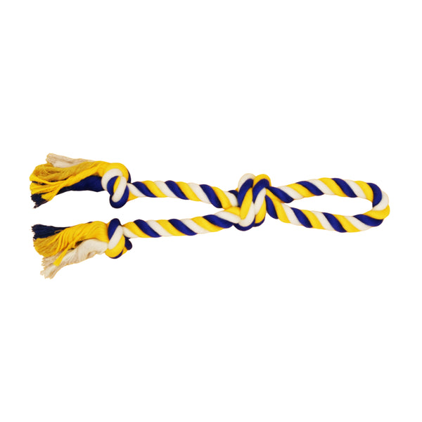 Jouet de corde pour chien, double avec 3 noeuds - large, bleu et jaune