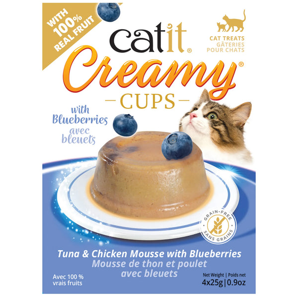 Mousses pour chat Creamy Cups, poulet et thon avec bleuets, 4 x 25 g - Animatout
