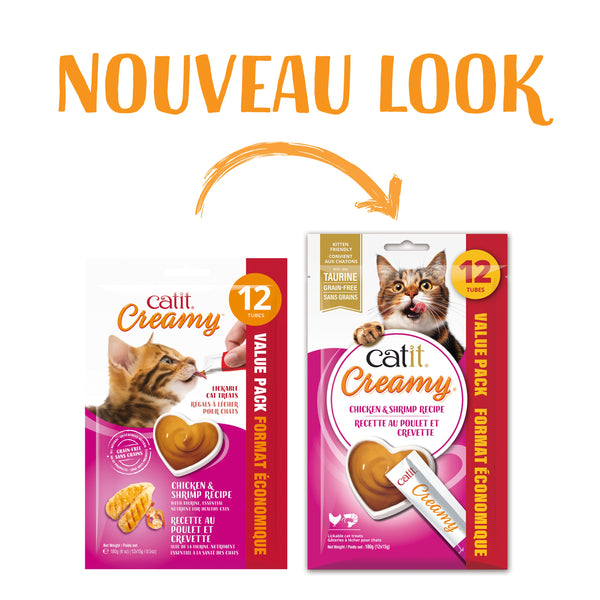 Gâteries crémeuses pour chat creamy à lécher, poulet et crevette