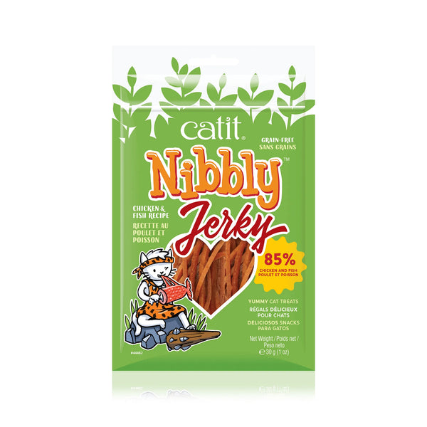 Gâteries pour chat Nibbly Jerky, charquis tendres, poulet et poisson, 30 g