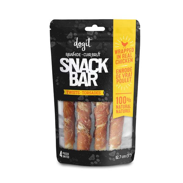 Gâteries pour chien Snack Bar torsades de cuir brut et poulet, grande, paquet de 4 - Animatout