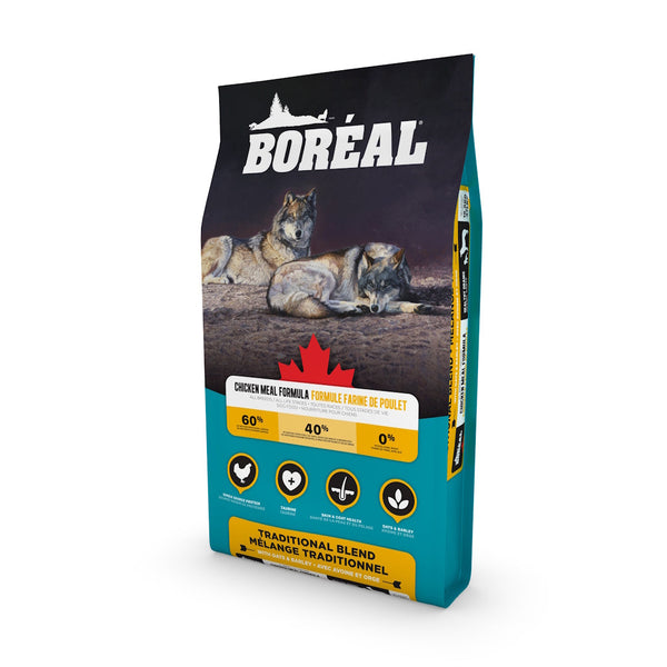 La nourriture Mélange Traditionnel au poulet de Boréal est une nourriture à base d'avoine et d'orge, sans gluten. Il s'agit d'une alimentation quotidienne qui peut être utilisée pour aider à maintenir le poids de votre chien.
Cette nourriture est conçue à
