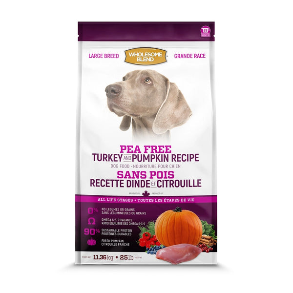 Nourriture chien grande race, sans pois, dinde/citrouille 11.36 kg