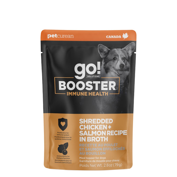 Nourriture humide pour chien "booster" système immunitaire poulet & saumon effiloché au bouillon 2.8oz - Animatout