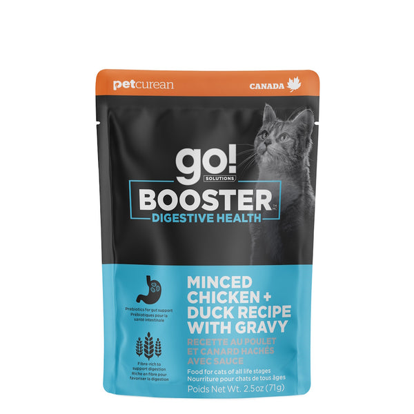 Nourriture humide pour chat "Booster" digestion poulet et canard hachés avec sauce 2.5oz - Animatout