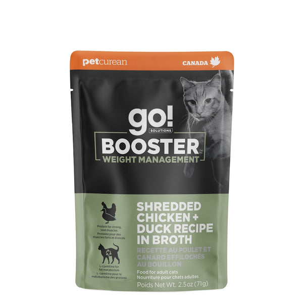 Nourriture humide pour chat "Booster" contrôle du poids poulet effiloché et canard avec sauce 2.5oz - Animatout