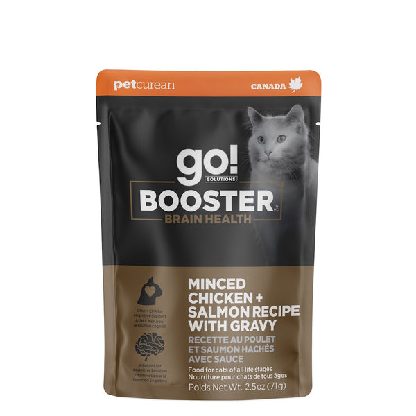 Nourriture humide pour chat "Booster" santé cérébrale poulet et saumon hachés avec sauce 2.5oz - Animatout