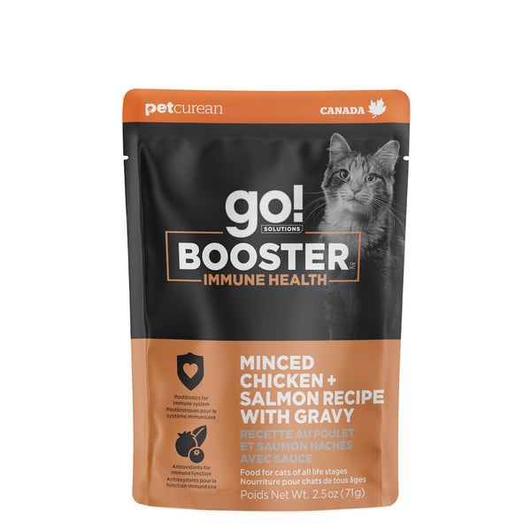Nourriture humide pour chat "Booster" système immunitaire poulet et saumon hachés avec sauce 2.5oz - Animatout
