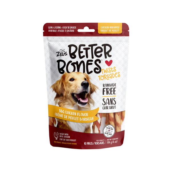 Better Bones, torsades pour chien enrobées de poulet, arôme de poulet barbecue, paquet de 10 - Animatout