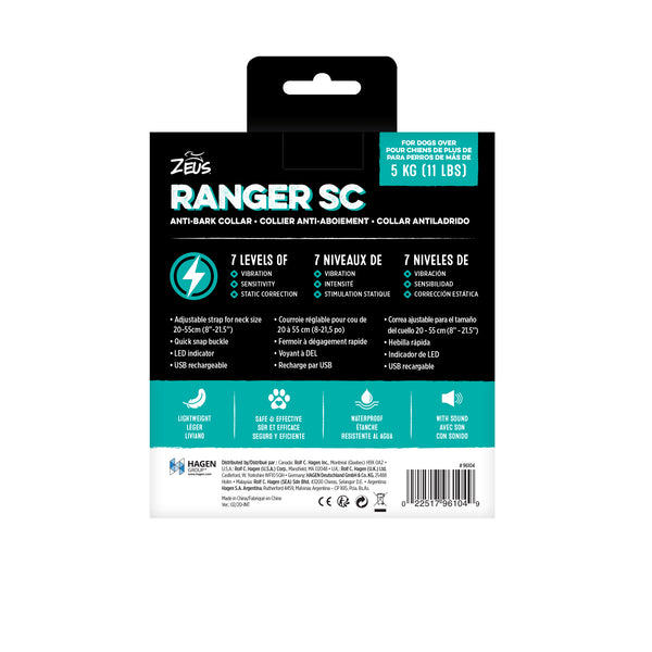 Collier anti-aboiement pour chien Ranger SC Zeus avec stimulation statique