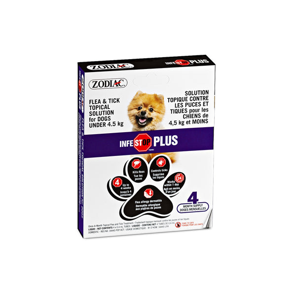 Solution topique contre les puces et tiques INFESTOP PLUS pour les chiens pesant 4,5 kg et moins