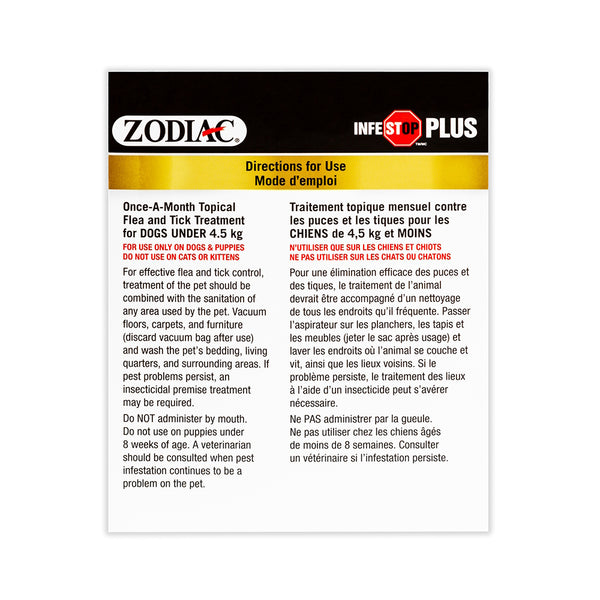 Solution topique contre les puces et tiques INFESTOP PLUS pour les chiens pesant 4,5 kg et moins