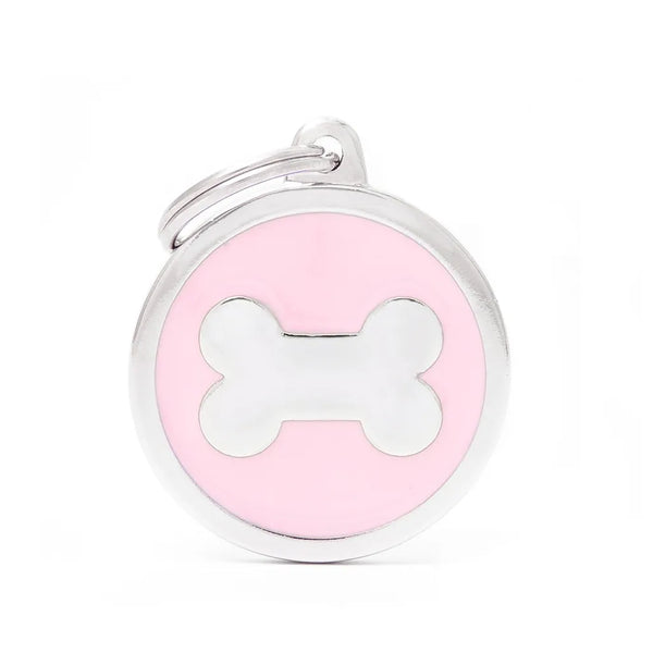 Médaille pour chien Classic Cercle Grand Rose avec Os Blanc