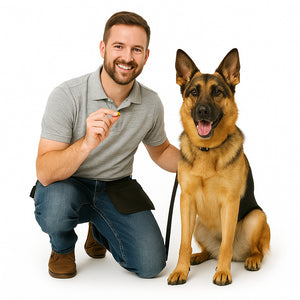 Un homme souriant est agenouillé à côté d'un berger allemand heureux. Il tient une petite friandise dans une main et pose l'autre sur l'épaule du chien. Le chien est assis en laisse sur un fond blanc uni.