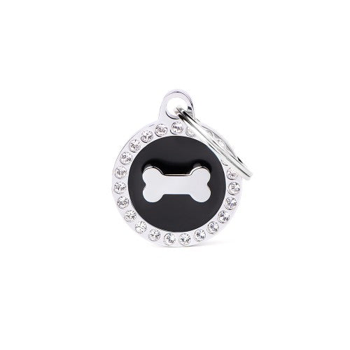Médaille pour chien Glam Cercle Noir avec Strass Os Blanc